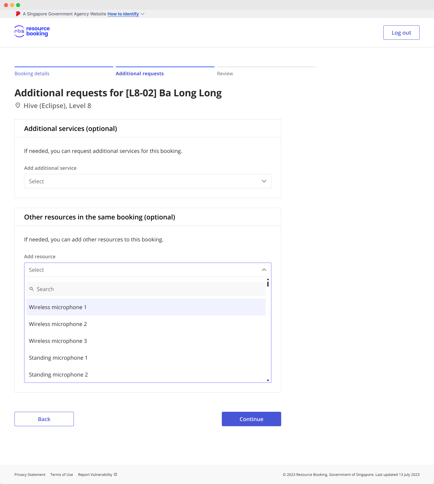 Screenshot of the booking form which shows the Additional requests step