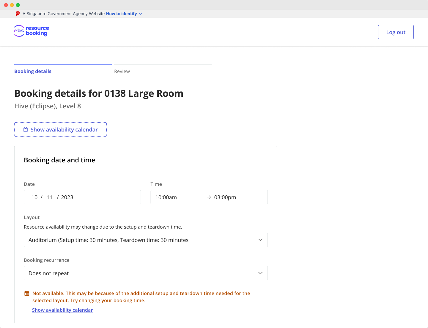 Screenshot of the booking form which shows that the resource is not available after the Auditorium layout is selected.